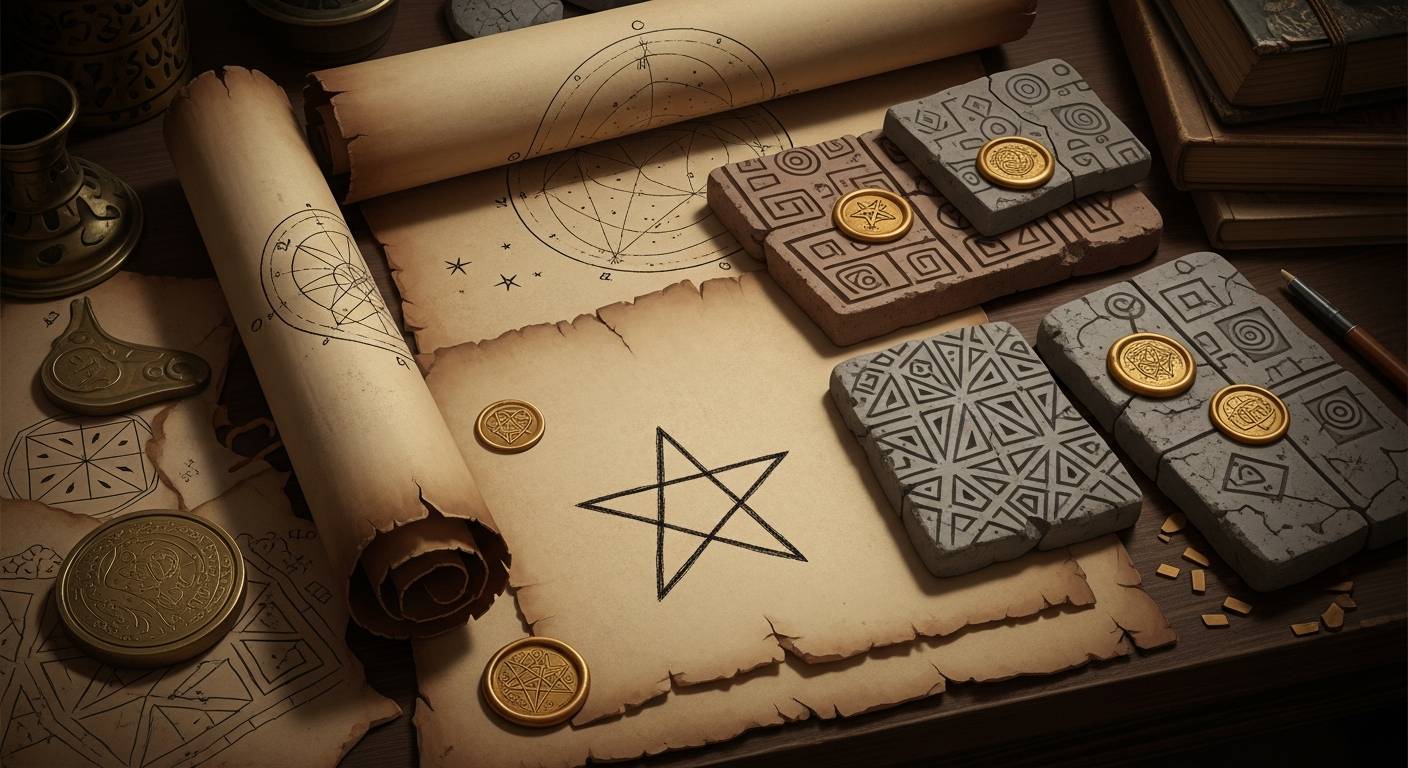 An ancient manuscript and artifact-inspired scene showing a five-pointed star among old seals, tablets, and celestial markings.