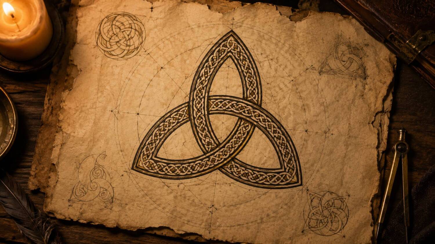 A detailed Celtic triquetra symbol study on aged parchment with knotwork, candlelight, and antique instruments.