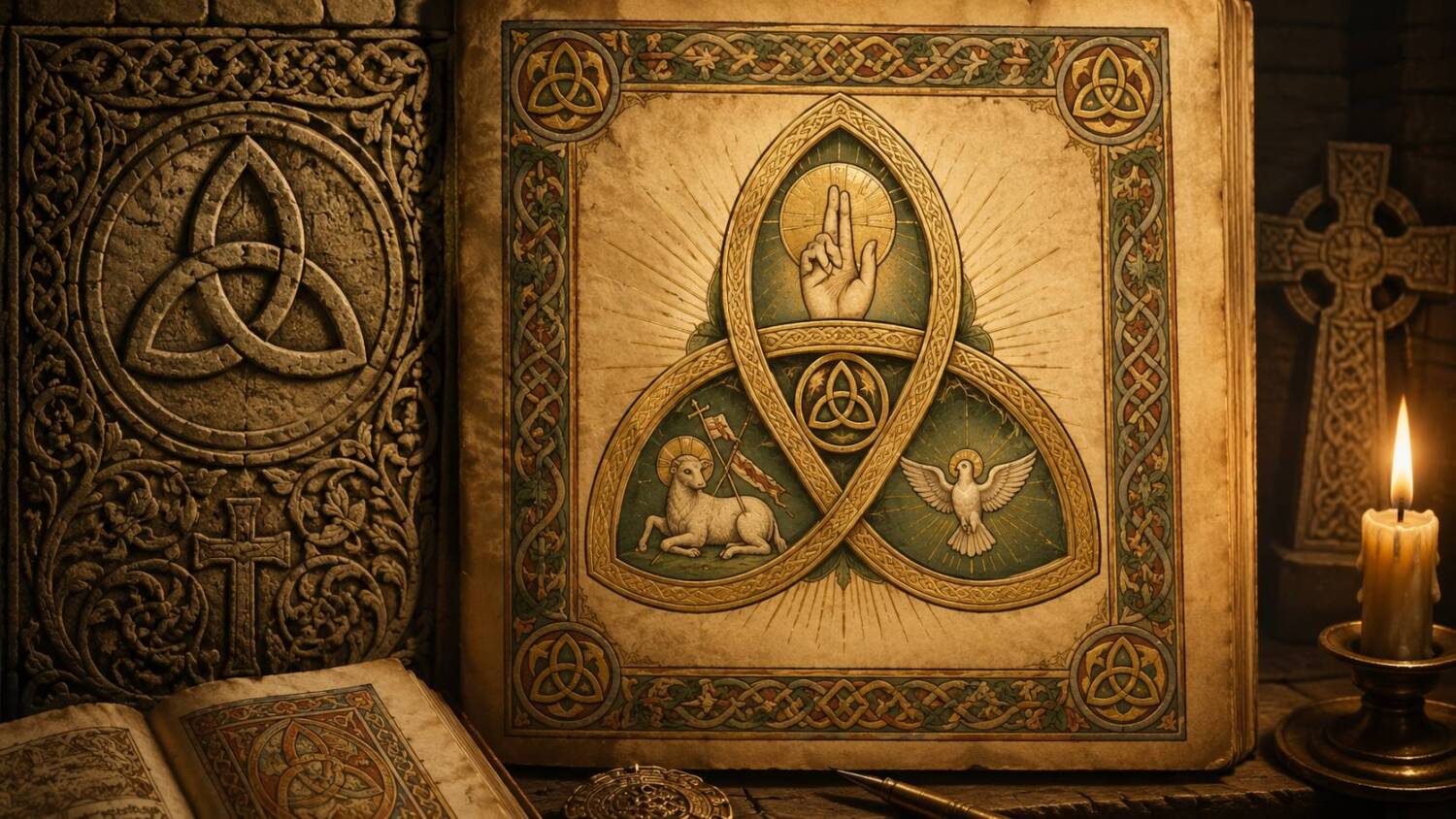 An illuminated manuscript style scene showing triquetra knotwork in a sacred historical setting.