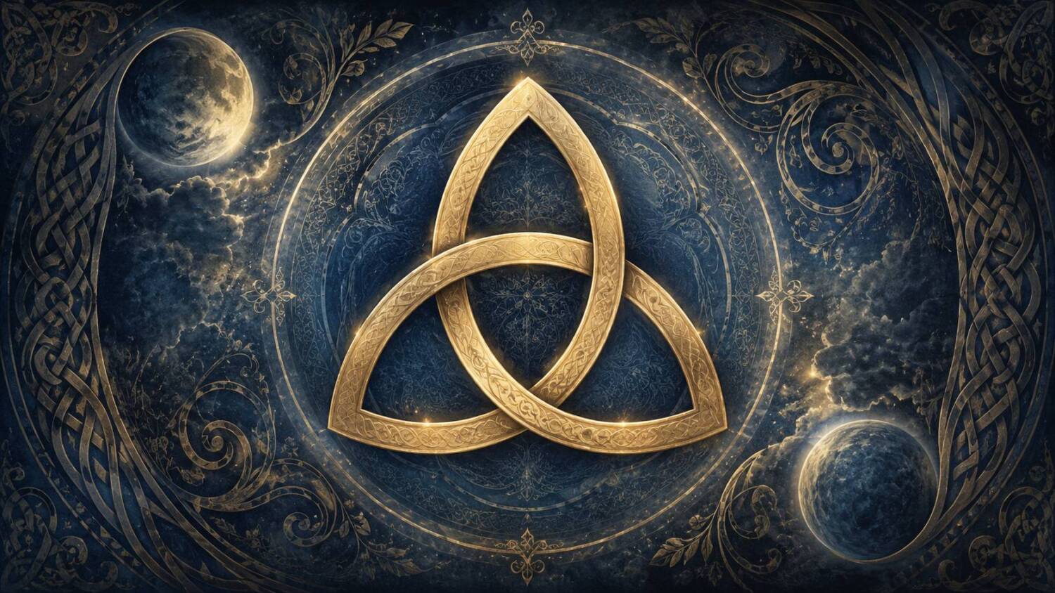 A mystical Celtic triquetra symbol with moonlit esoteric patterns and gold details.