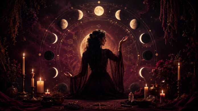 A mystical witchcraft altar scene with moon phases, candles, herbs, and a ritual figure representing menstrual cycle magic.