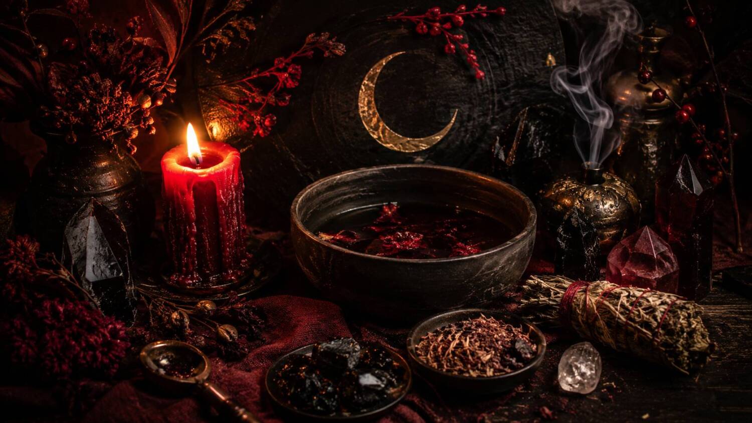 A dark witchcraft altar with a red candle, smoke, herbs, crystals, and lunar symbols for release ritual magic.