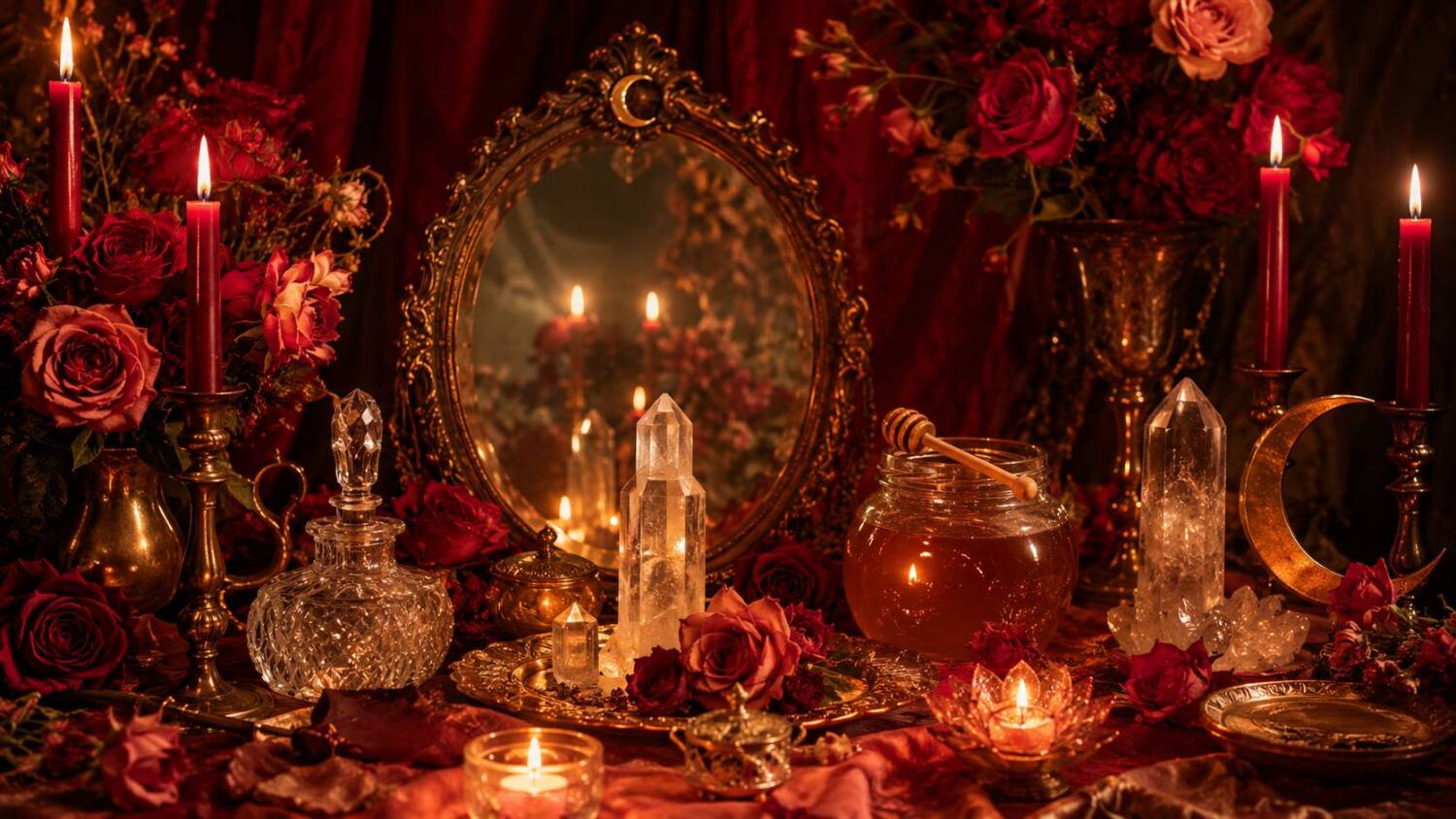 A warm witchcraft altar with roses, candles, crystals, mirror, honey, and lunar symbols for creation and love magic.