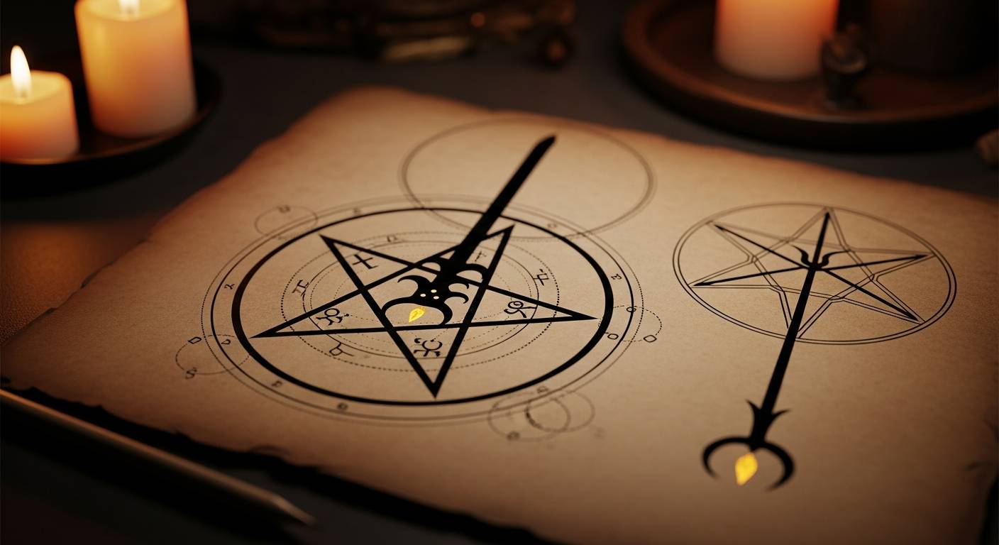 A scholarly comparison of upright and inverted pentagram forms on aged parchment with restrained occult geometry.
