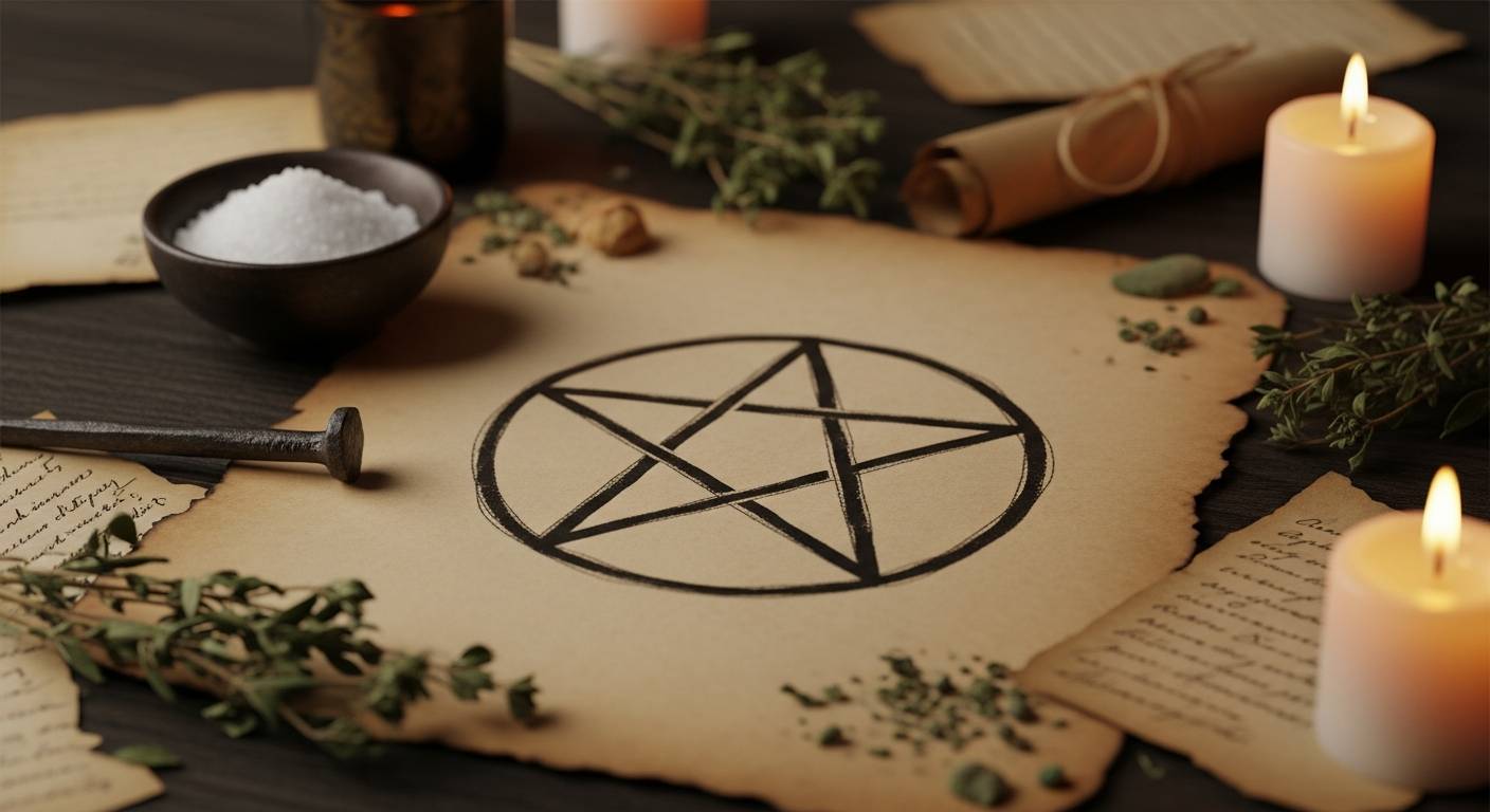 A protective pentagram symbol drawn on parchment with folk charms, salt, iron, herbs, and candlelight arranged around it.