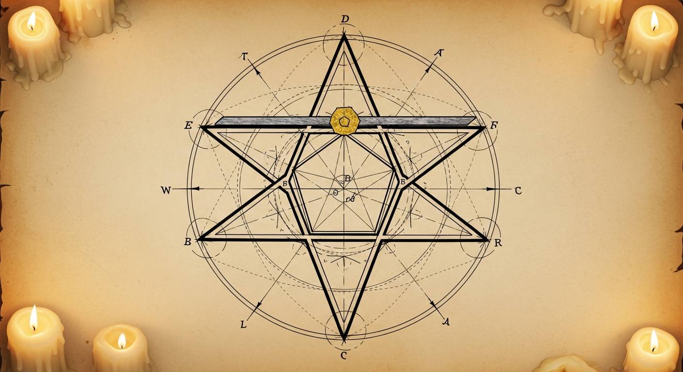 A precise educational diagram of a five-pointed pentagram drawn in black ink on aged parchment with geometric construction lines.
