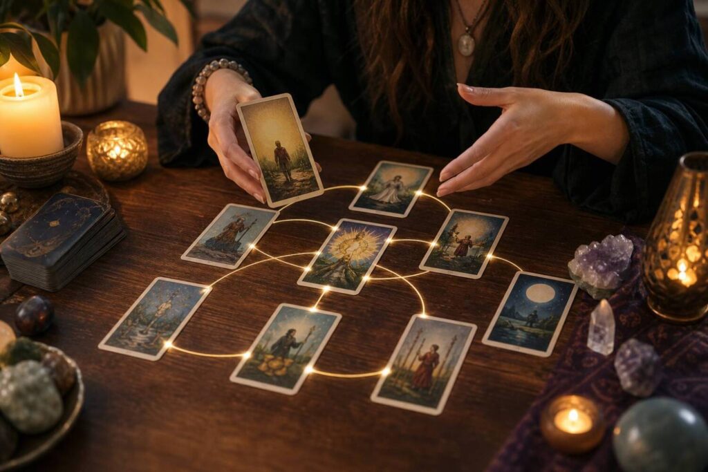 Some tarot practitioners read a spread as a connected story, considering how cards echo, contrast, and build on